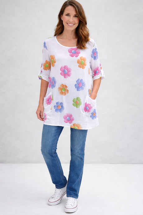 Flower Print Cotton Shirt White