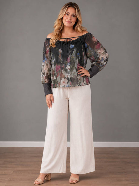 Floral Plus SIze Off Shoulder Top Charcoal