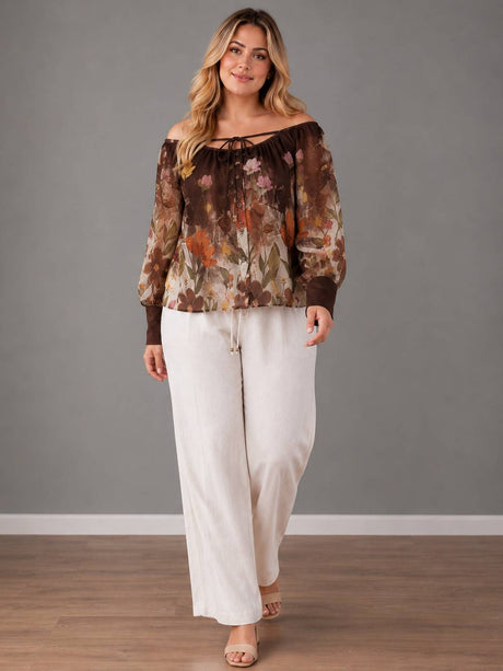 Floral Plus SIze Off Shoulder Top Chocolate