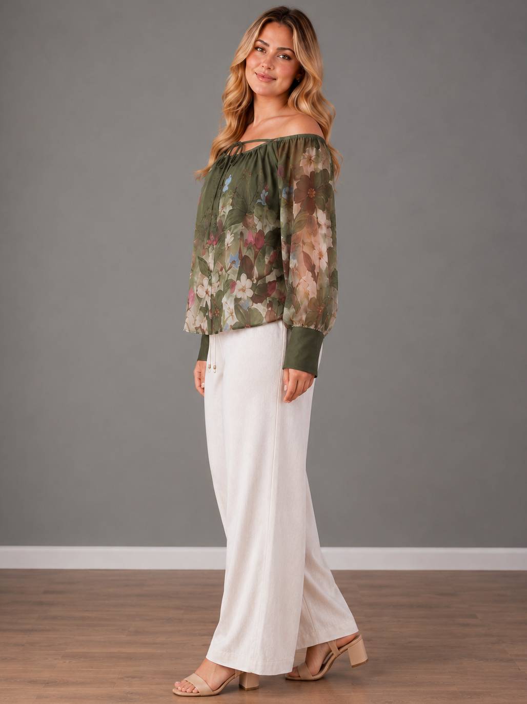 Off Shoulder Cuff Sleeves Floral Top