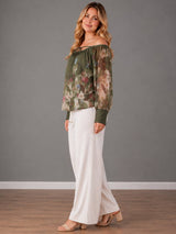 Off Shoulder Cuff Sleeves Floral Top