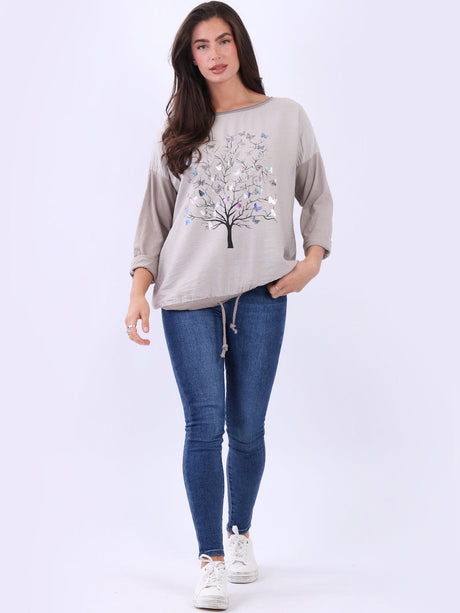 Plain Cotton Butterfly Tree Print Baggy Crop T-Shirt