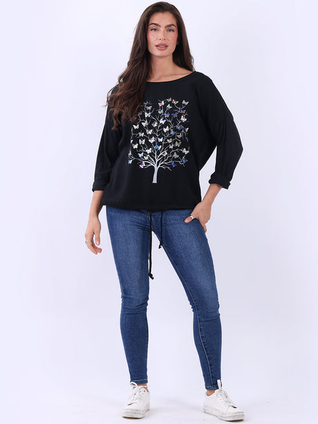 Plain Cotton Butterfly Tree Print Baggy Crop T-Shirt