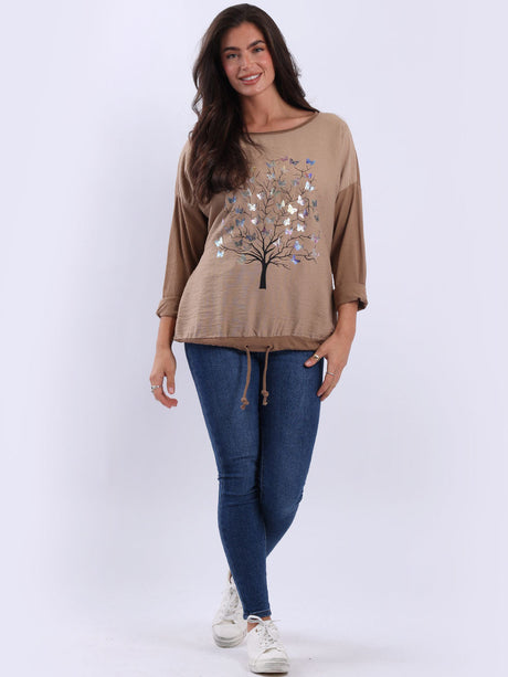 Plain Cotton Butterfly Tree Print Baggy Crop T-Shirt