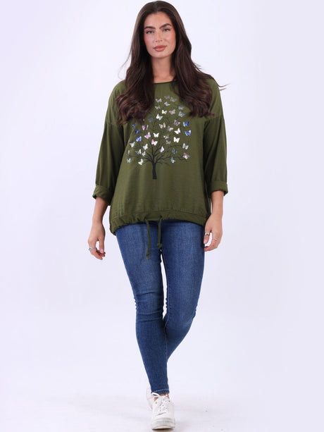 Plain Cotton Butterfly Tree Print Baggy Crop T-Shirt