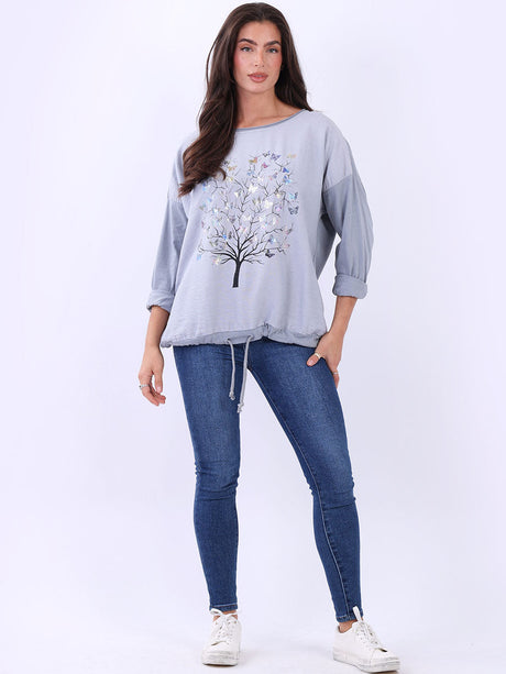 Plain Cotton Butterfly Tree Print Baggy Crop T-Shirt