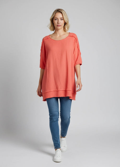 Raw Edges Linen Top Coral