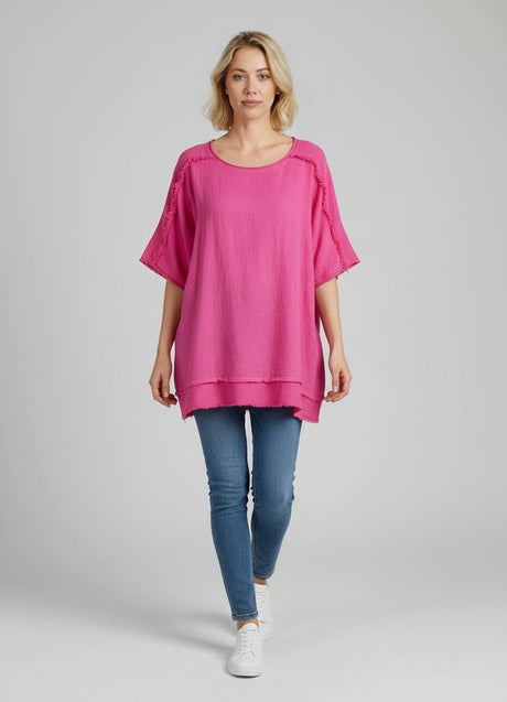 Raw Edges Linen Top Fuchsia