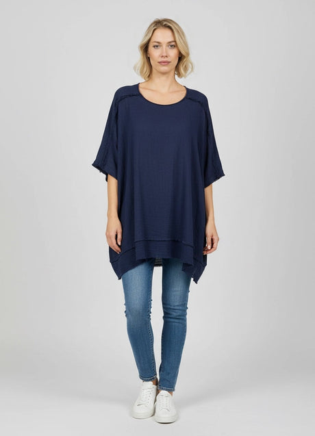 Raw Edges Linen Top Navy