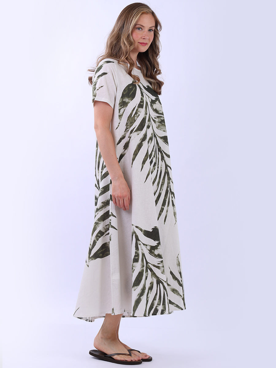Palm Leaf Print Ladies Linen Summer Dress