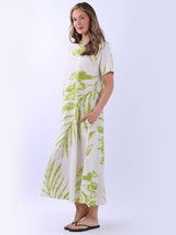 Palm Leaf Print Ladies Linen Summer Dress