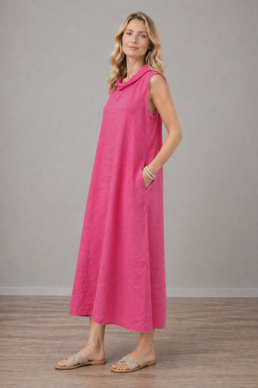 Cowl Neck Solid Linen Sleeveless Dress