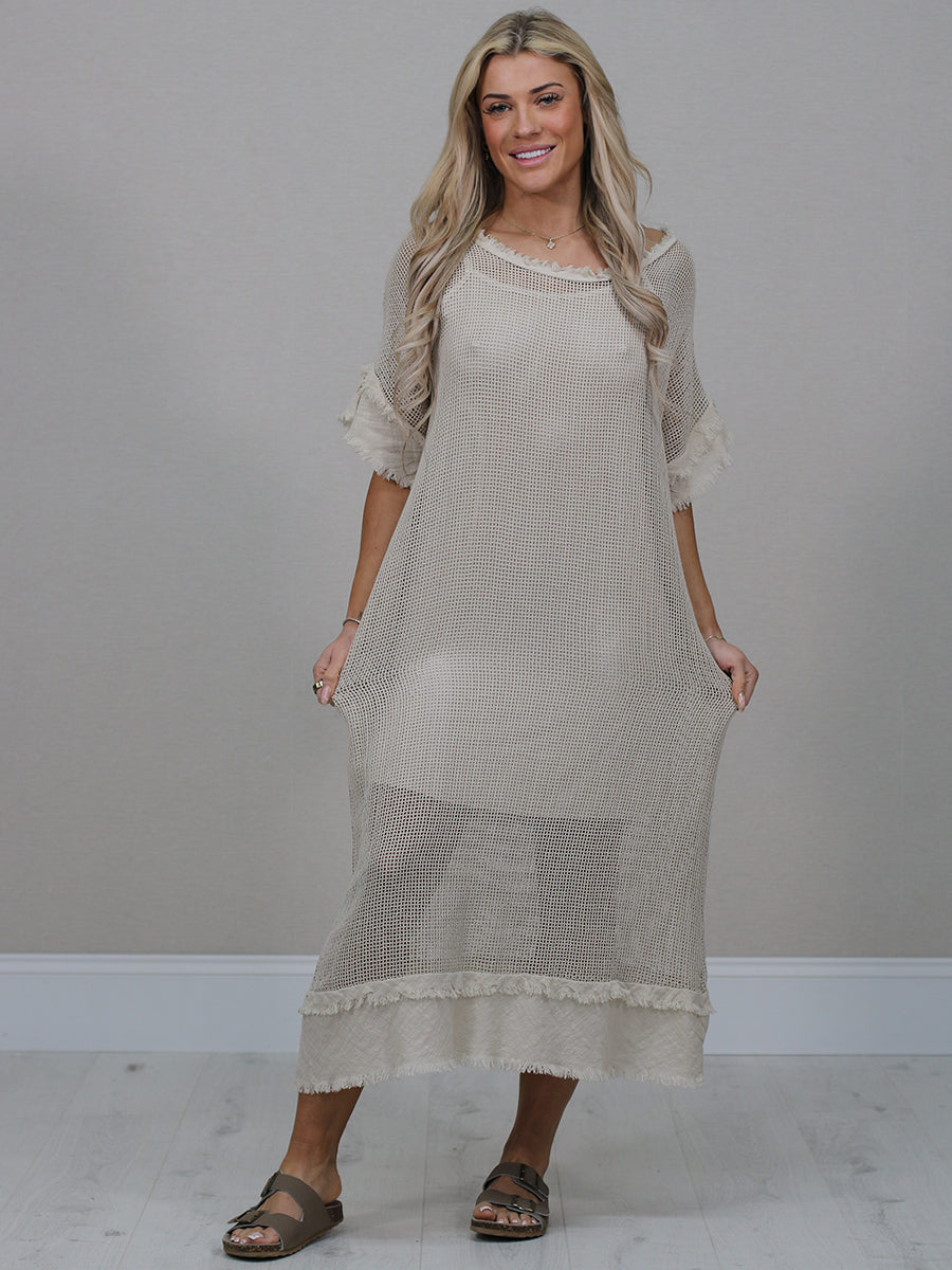 Mesh Net Cotton Dress Beige