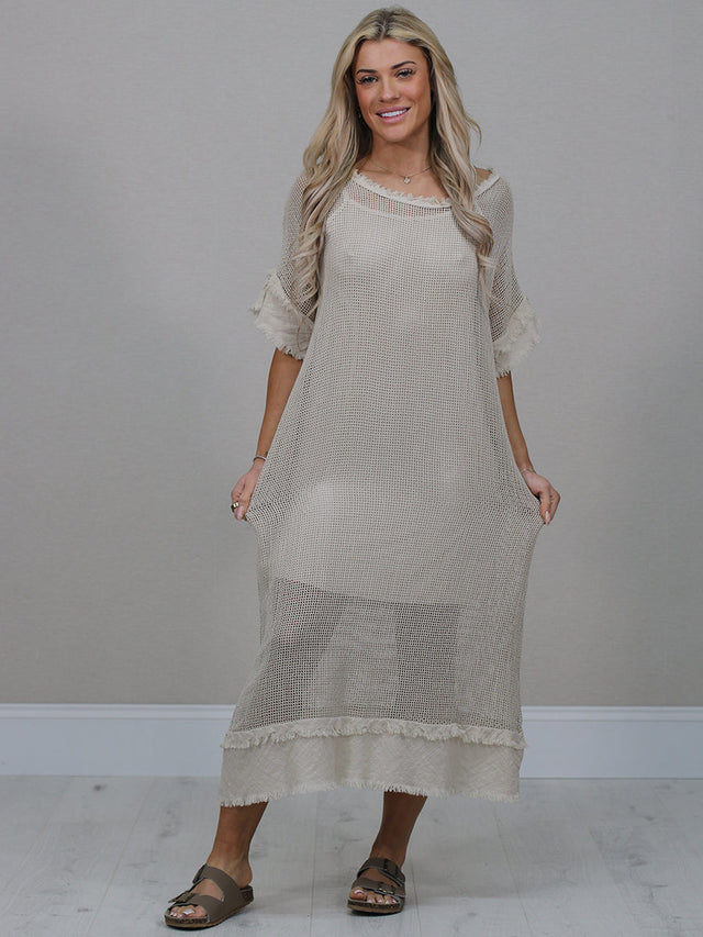 Mesh Net Cotton Dress Beige