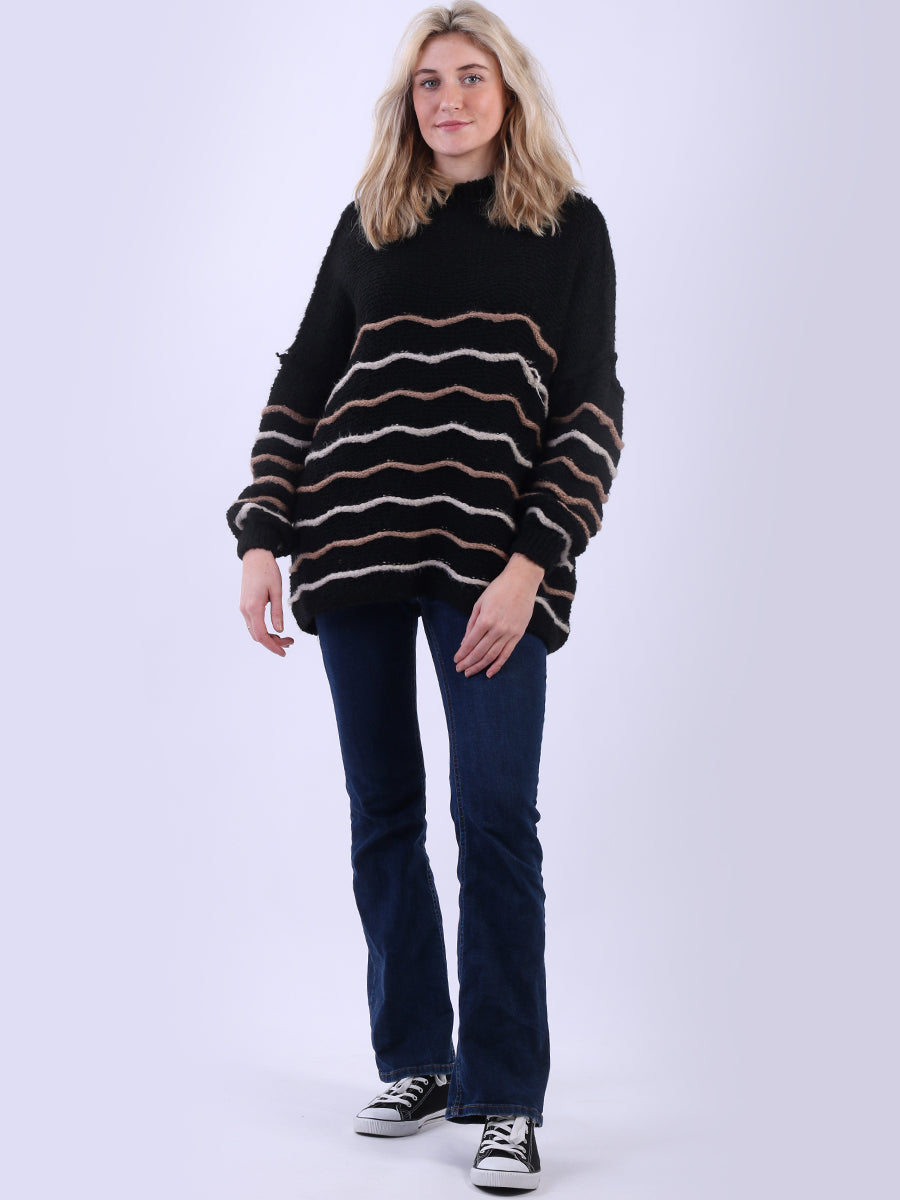 Multi Striped Knit Batwing Jumper Black