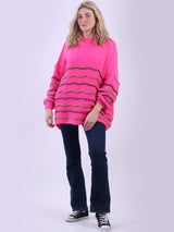 Multi Striped Knit Batwing Jumper Fuchsia