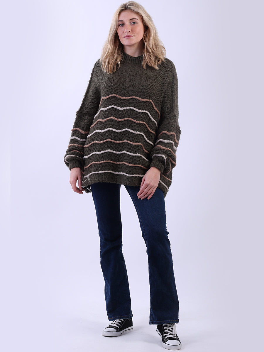 Multi Striped Knit Batwing Jumper Khaki