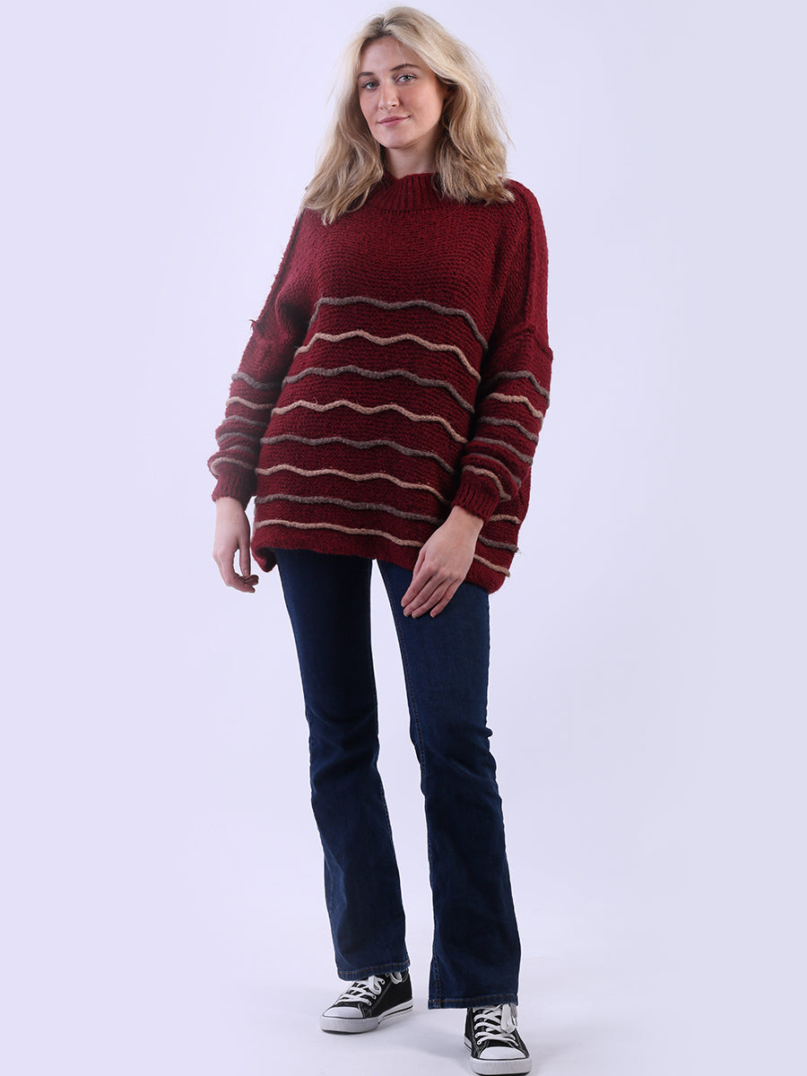 Multi Striped Knit Batwing Jumper Wine