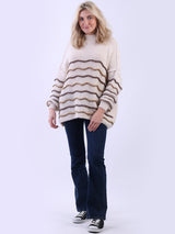 Multi Striped Knit Batwing Jumper Beige