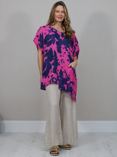 Tie Dyed Linen Top Fuchsia