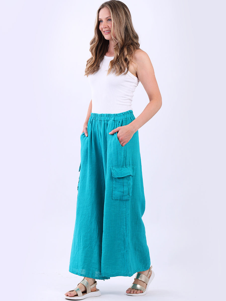 Linen Wide Leg Flap Pockets Trouser