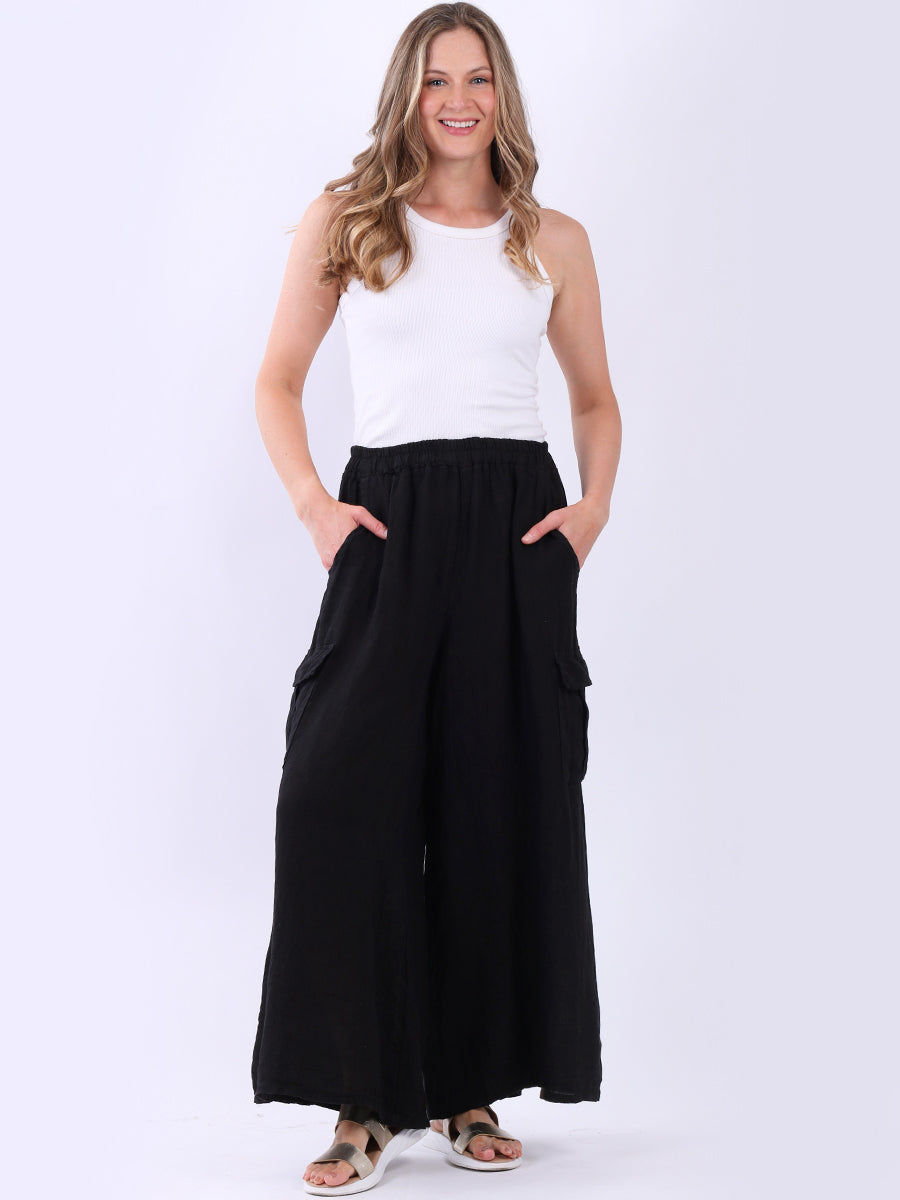 Linen Wide Leg Flap Pockets Trouser