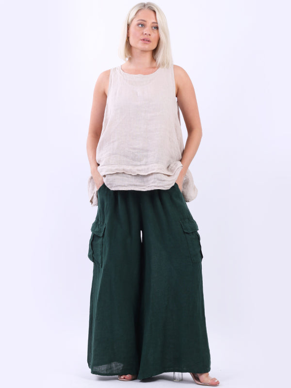 Linen Wide Leg Flap Pockets Trouser