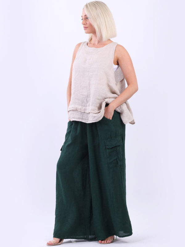 Linen Wide Leg Flap Pockets Trouser