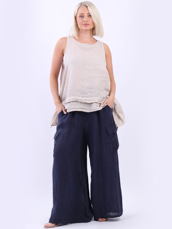 Linen Wide Leg Flap Pockets Trouser