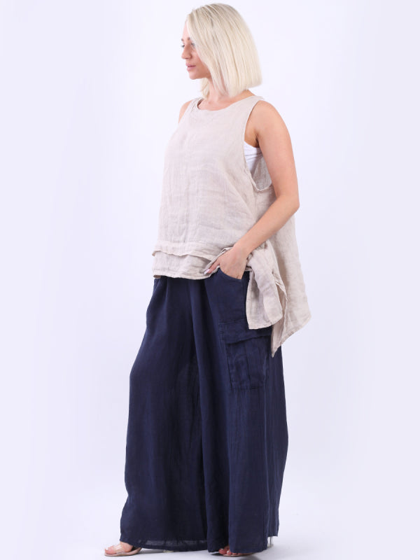 Linen Wide Leg Flap Pockets Trouser