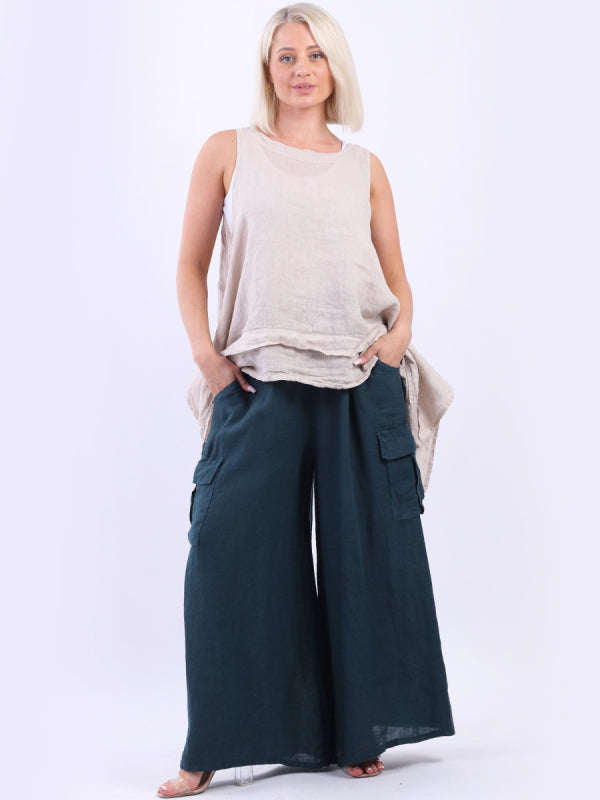 Linen Wide Leg Flap Pockets Trouser