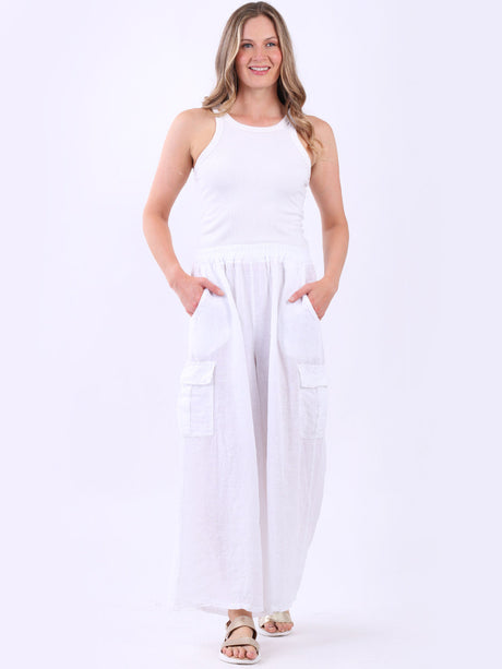 Linen Wide Leg Flap Pockets Trouser