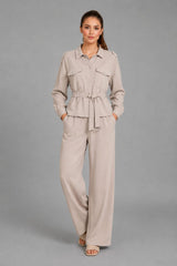Button Down Shirt CoOrd Set Beige