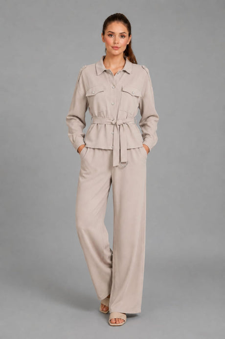 Button Down Shirt CoOrd Set Beige