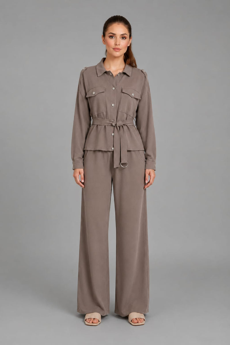 Button Down Shirt CoOrd Set Mocha