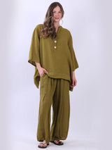 Plain Casual Button Neck Oversized Linen Top