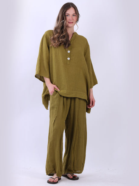 Plain Casual Button Neck Oversized Linen Top