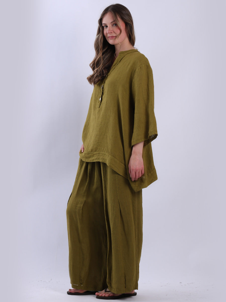 Plain Casual Button Neck Oversized Linen Top