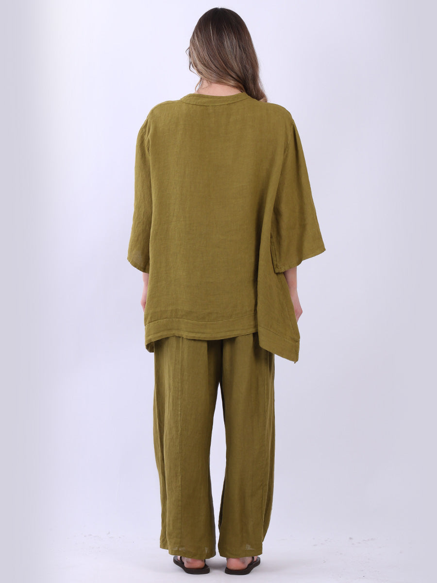 Plain Casual Button Neck Oversized Linen Top