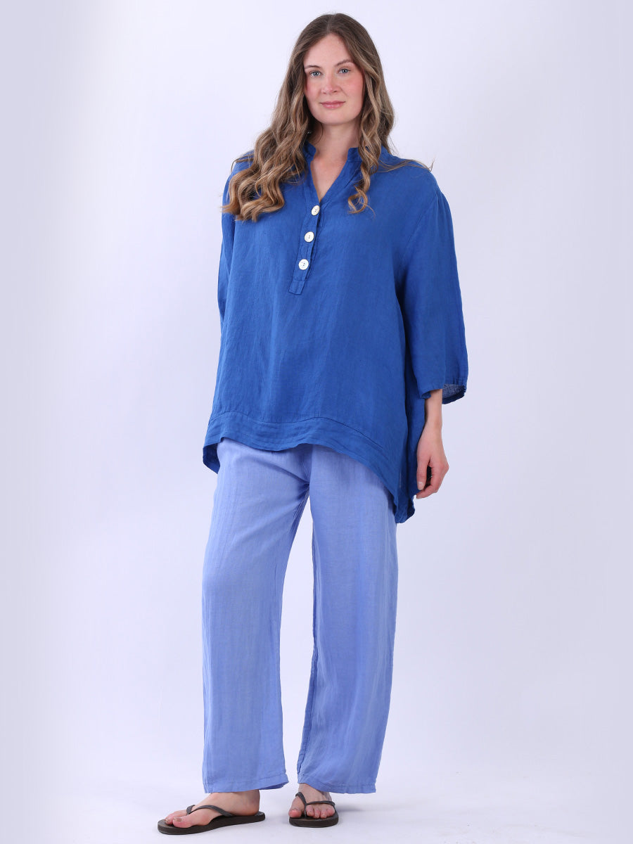 Plain Casual Button Neck Oversized Linen Top