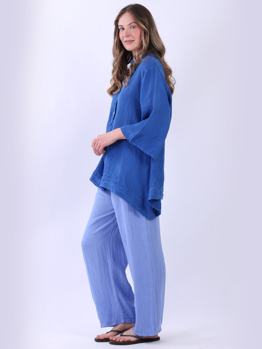 Plain Casual Button Neck Oversized Linen Top