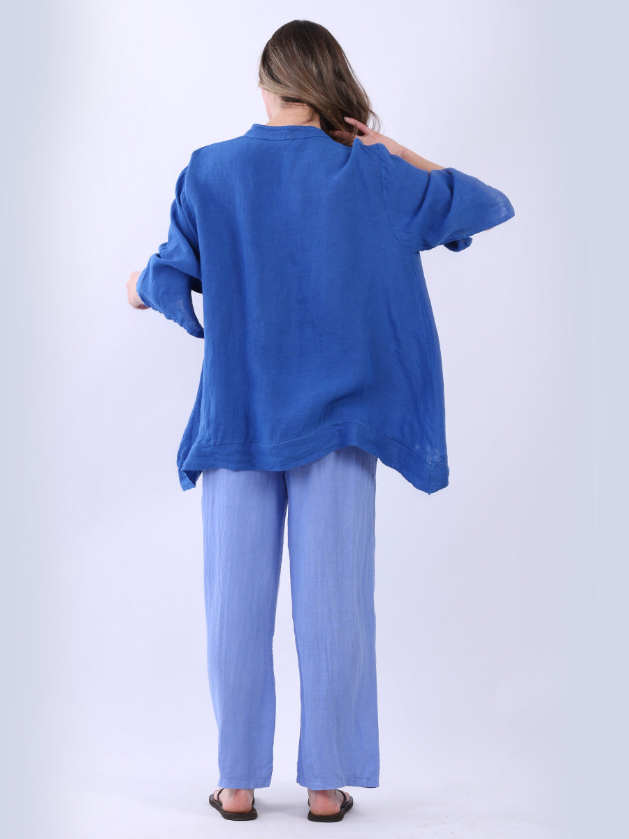 Plain Casual Button Neck Oversized Linen Top