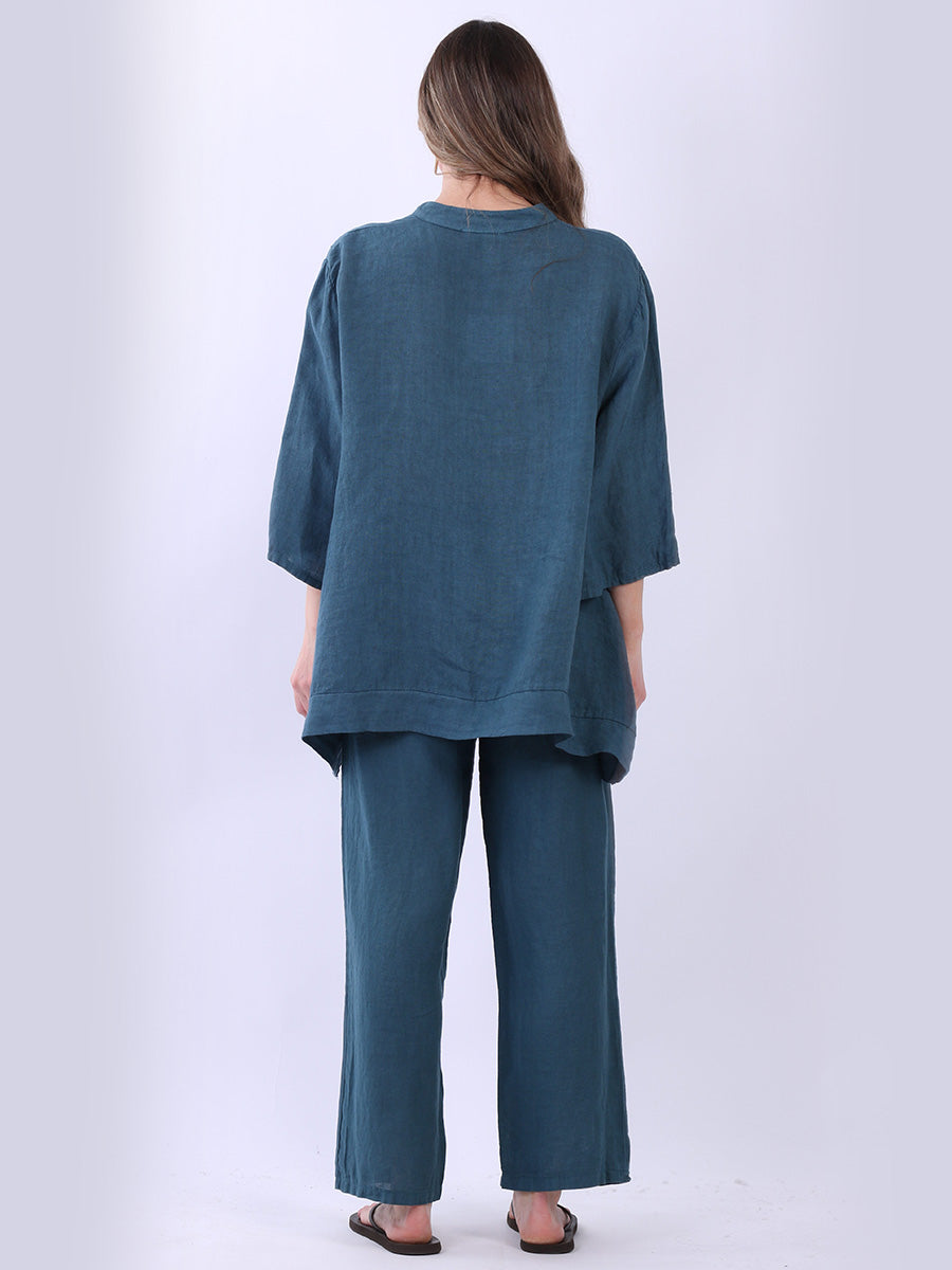 Plain Casual Button Neck Oversized Linen Top