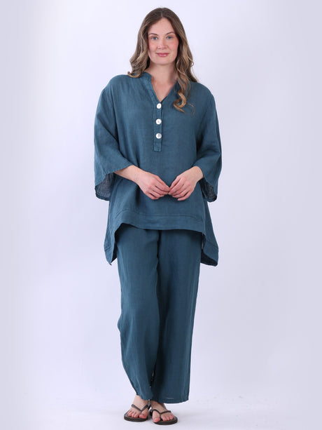 Plain Casual Button Neck Oversized Linen Top