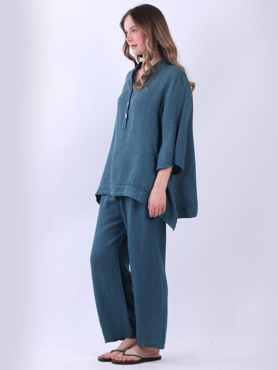 Plain Casual Button Neck Oversized Linen Top