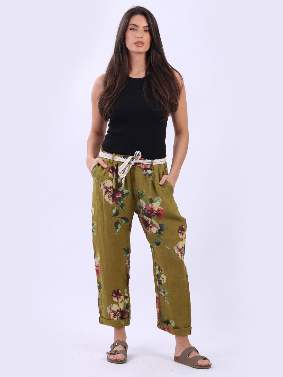 Ladies Floral Print Linen Relaxed Fit Trouser