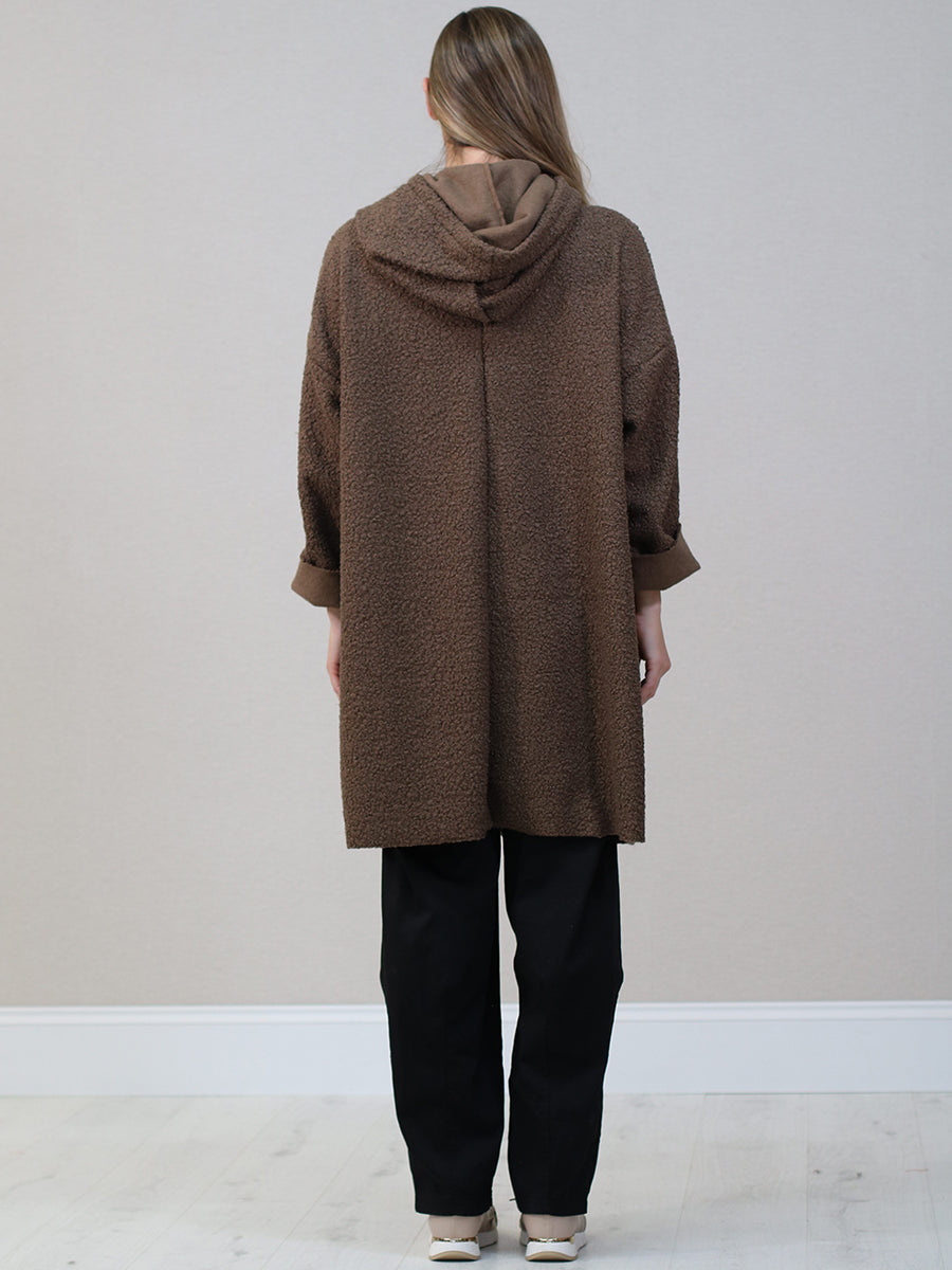 Ladies Open Front Long Woolen Hoodie Coat