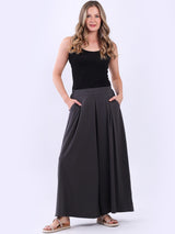 Solid Wide Leg Flared Cotton Palazzo Trouser