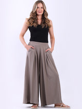 Solid Wide Leg Flared Cotton Palazzo Trouser