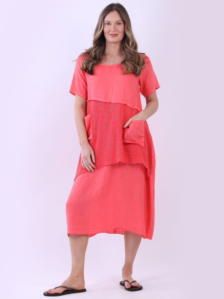 Ladies Solid Linen Mesh Net Midi Dress